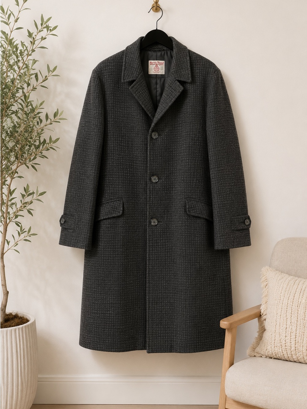 Vintage Karamoor Men's Charcoal Check Wool Overcoat Sz L/XL Dark Academia‎ Heavy